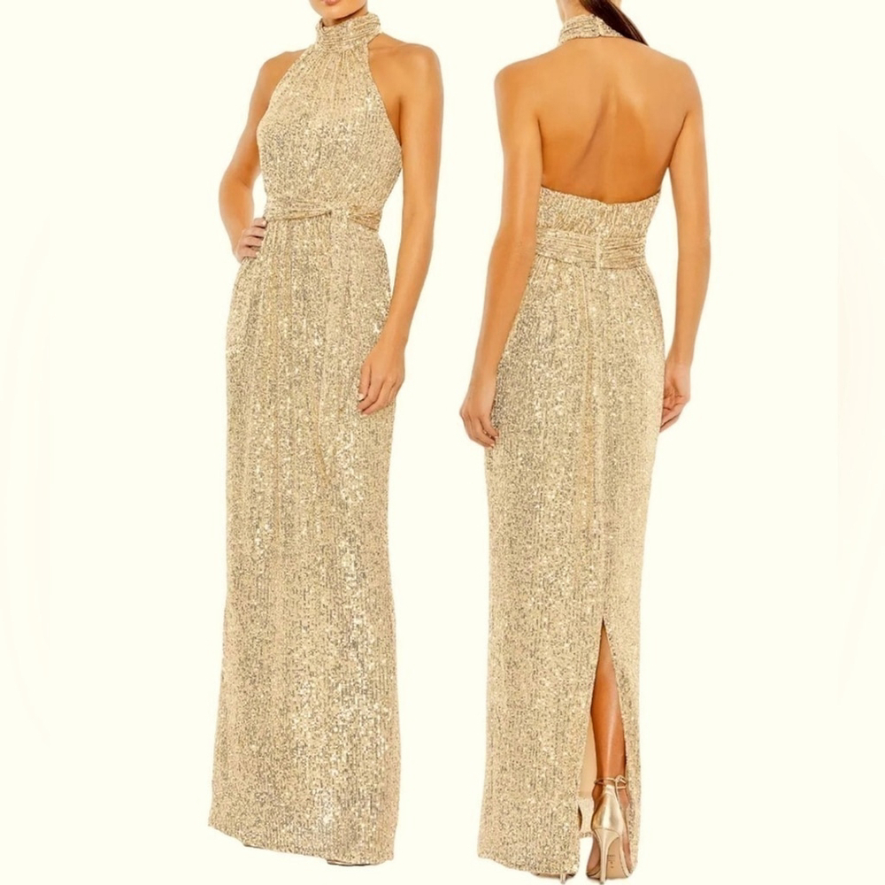 MAC DUGGAL 11281 Gold Champagne Sequin Halter Neck Belted Soft Tie Maxi Dress 14 - Picture 4 of 15